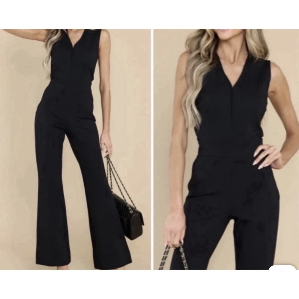 Spanx‎ Perfect Sleeveless Jumpsuit Black Deep V-neck Flare-leg Slimming Size XL